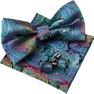 Mens Paisley Bow Tie, Hanky and Cufflinks NEW